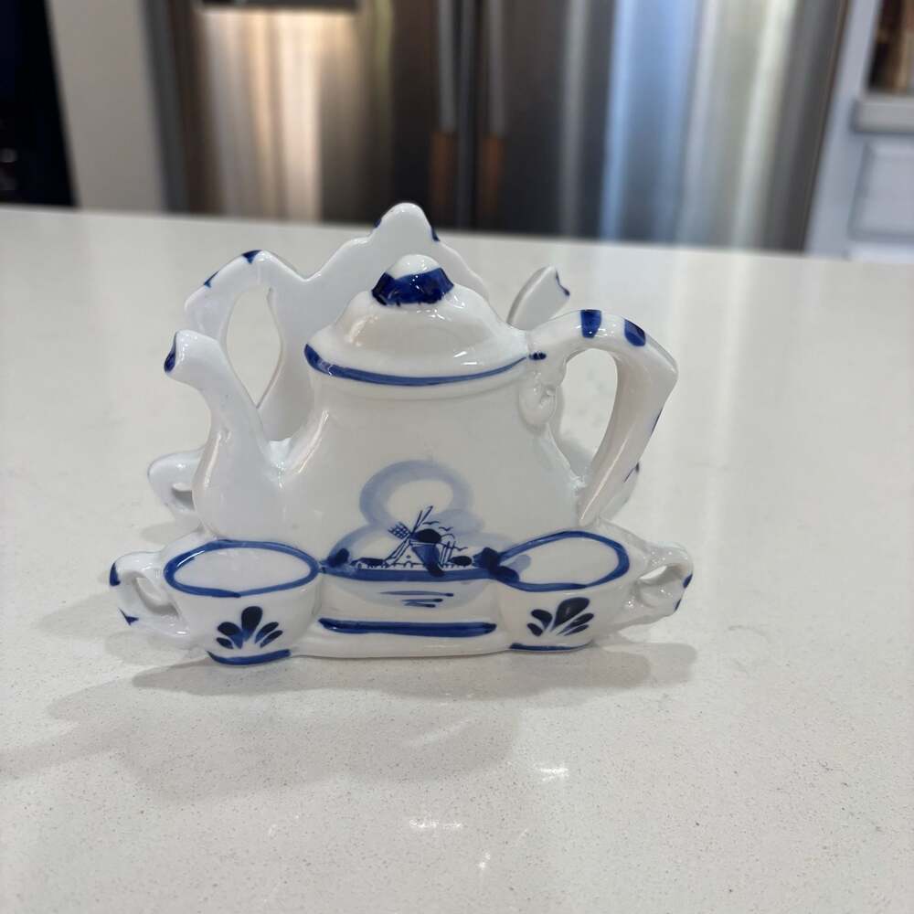 Delft Blue Ceramic Teapot and Teacups Napkin Holder with Windmill Design